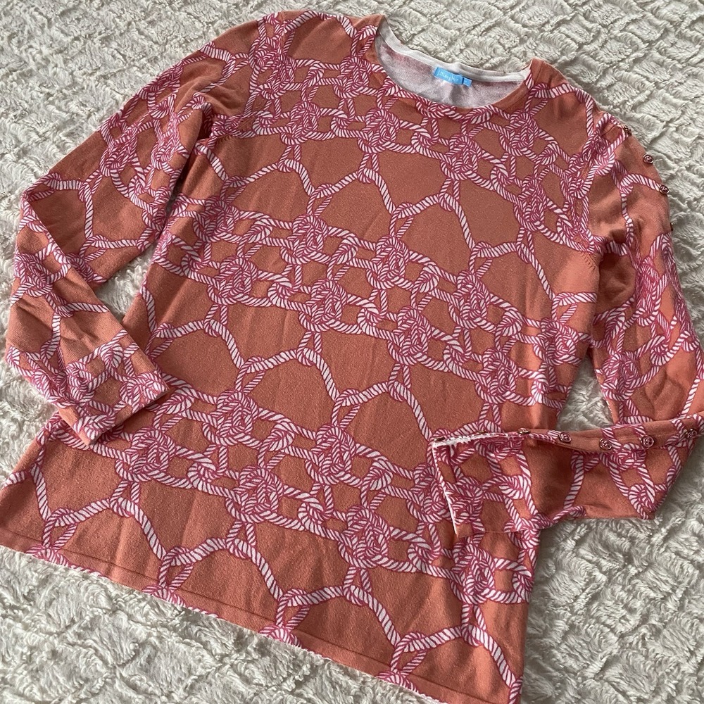 J McLaughlin Orange Pink Rope Print Pullover‎ Sweater Medium M Button Sleeves